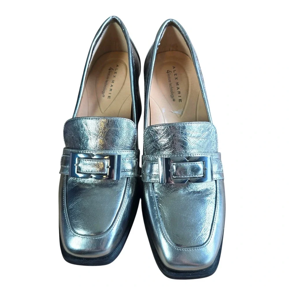 Alex Marie Silver Metallic Leather Block Heel Loafers Square Toe‎ Woman 8.5M NEW